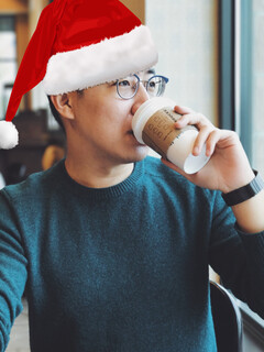 Festive hipster drinking coffee.